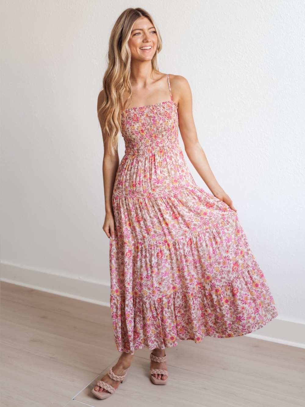 Z Supply Pink Floral Smocked Maxi Dress
